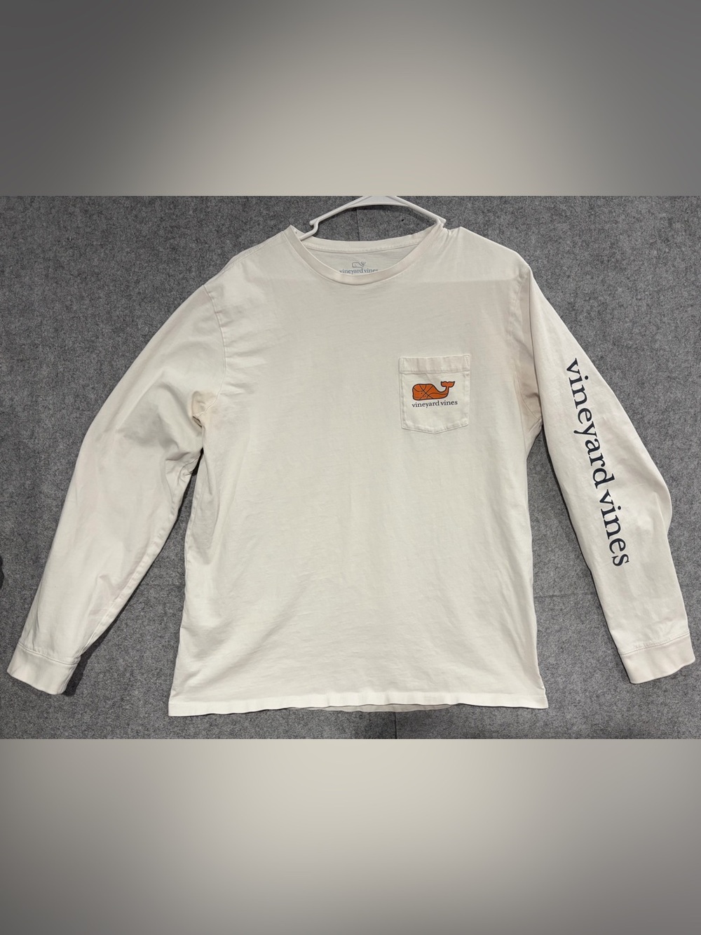 Vineyard Vines Cream Long Sleeve Pocket Tee with Orange Basketball Whale